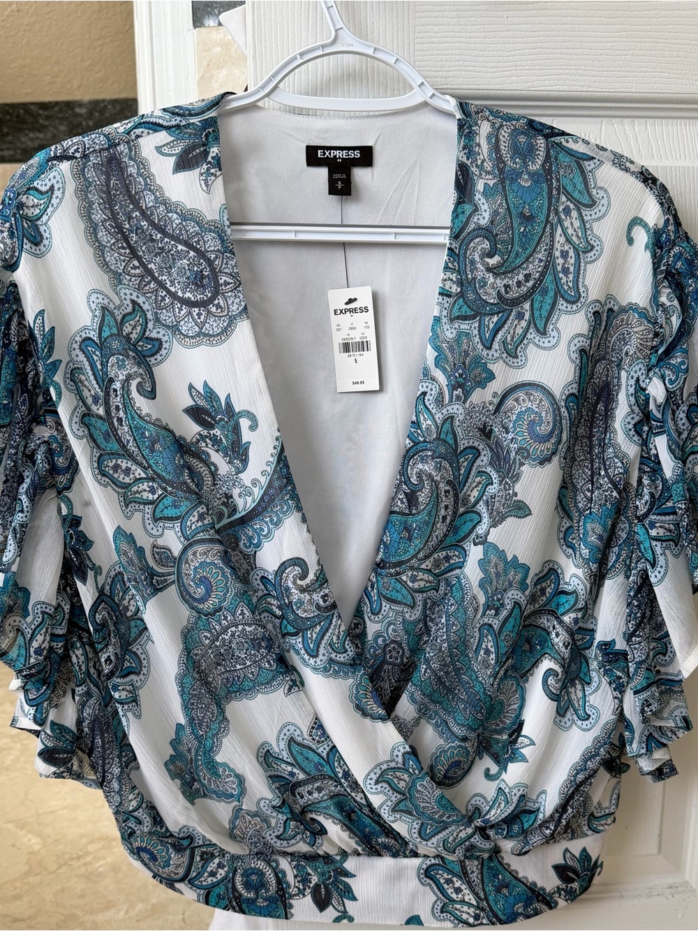 Express White Paisley Wrap-Style Blouse with Teal and Gray Accents